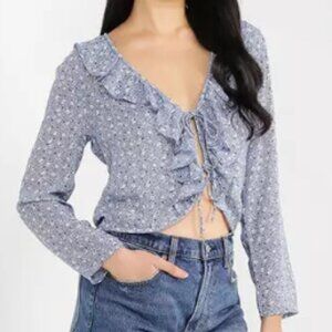 Abercrombie Size S Blue Floral Front Tie Ruffle Blouse NWT